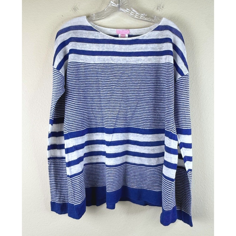 Lilly Pulitzer Sweater Womens XL Blue Striped Linen Knit Boat Neck Top FLAW